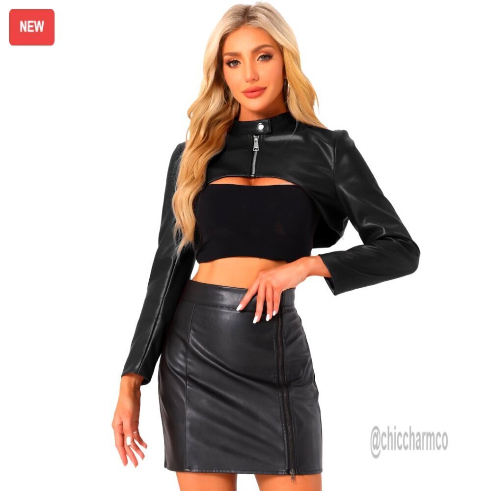 Faux Leather Cropped Moto Jacket Stand Collar Zipper Front Long Sleeve Chic